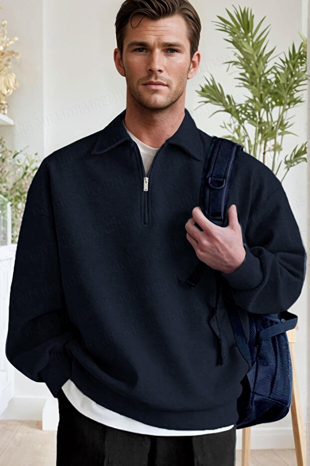 Men's Navy Blue Half Zipper Polo Collar 3 Thread Fleece Inside Ribbed Oversize Sweatshirt