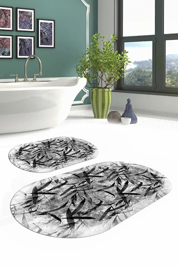 Digital Washable Non-Slip Base Leaf Motif Oval Bath Mat Toilet Set - 6