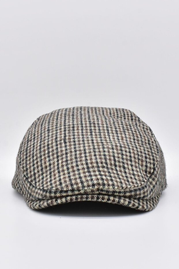 Micro Beige Patterned Lined Wool Cap Hat - 3