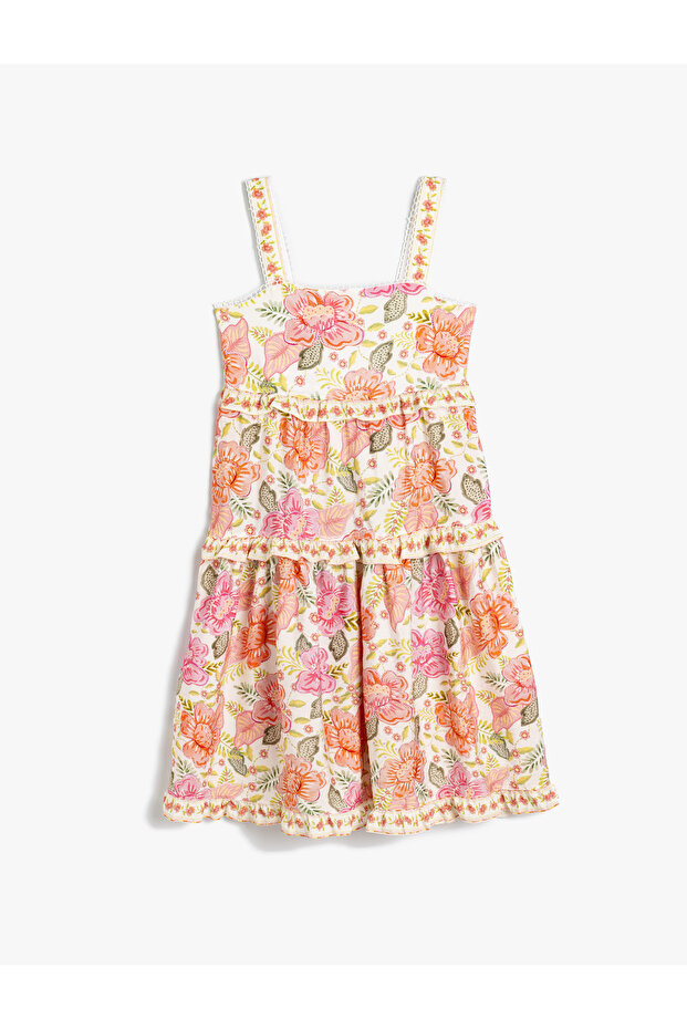 Floral Ruffled Dress with Straps Tiered Skirt Embroidered Details