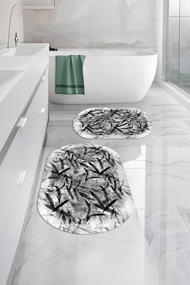Digital Washable Non-Slip Base Leaf Motif Oval Bath Mat Toilet Set - 2