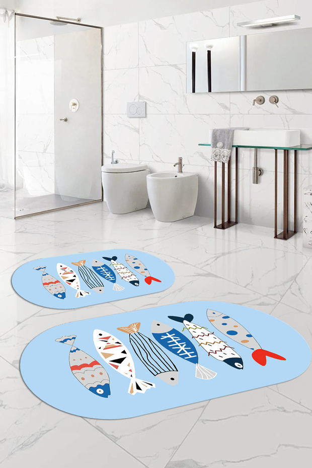 Digital Washable Colorful Fish Pattern Oval Bath Mat Toilet Set