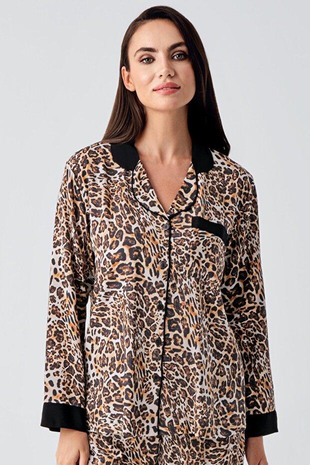 Long Sleeve Buttoned Leopard Patterned Woven Pajamas Set - 3
