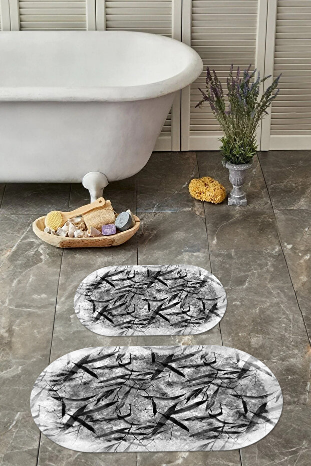 Digital Washable Non-Slip Base Leaf Motif Oval Bath Mat Toilet Set - 4