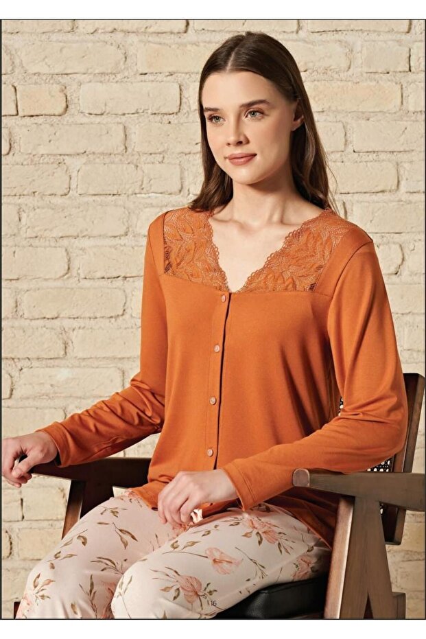 Women's Brick Viscose Buttoned Long Sleeve Pajamas Set 1759