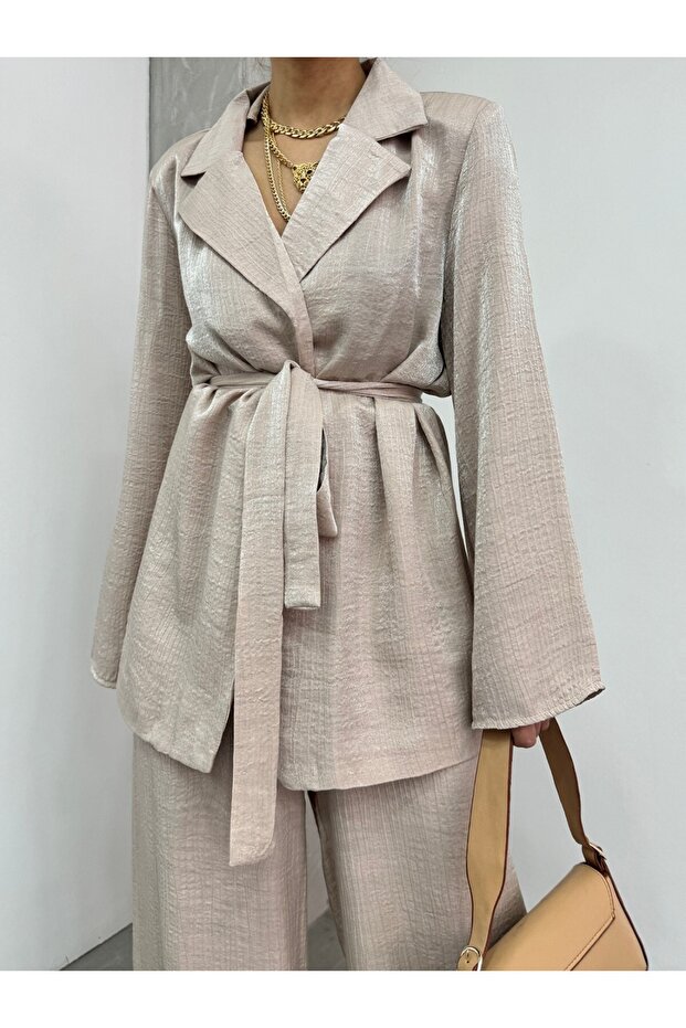 Top Buttoned Pantalon Jacket Jersey Set -Beige
