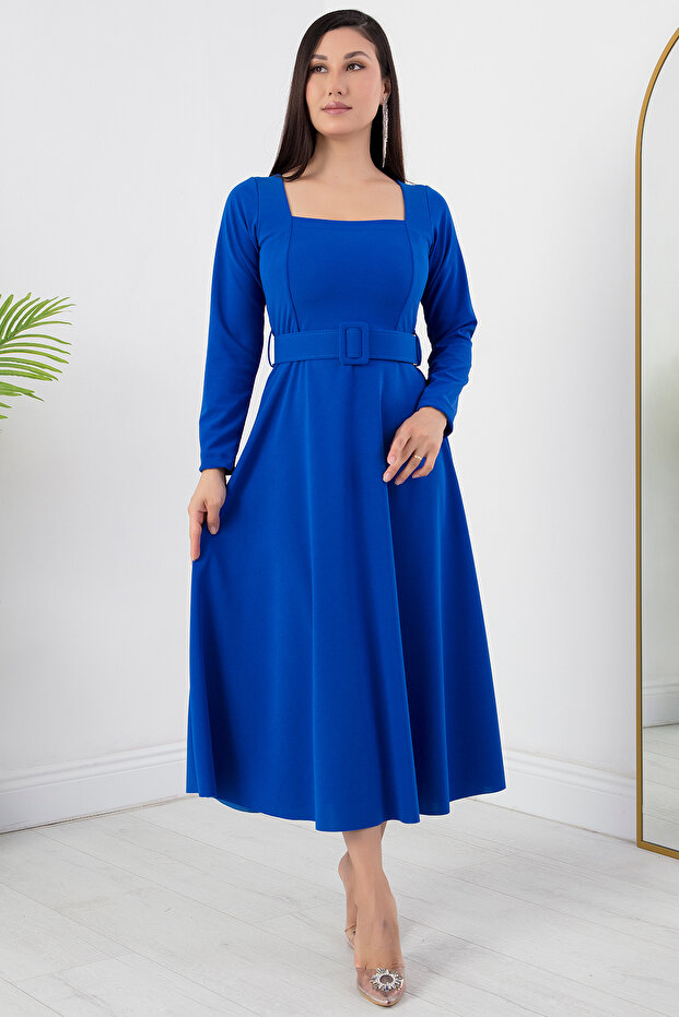 Kare Yaka Kemerli Elbise 2024-2160 - 5