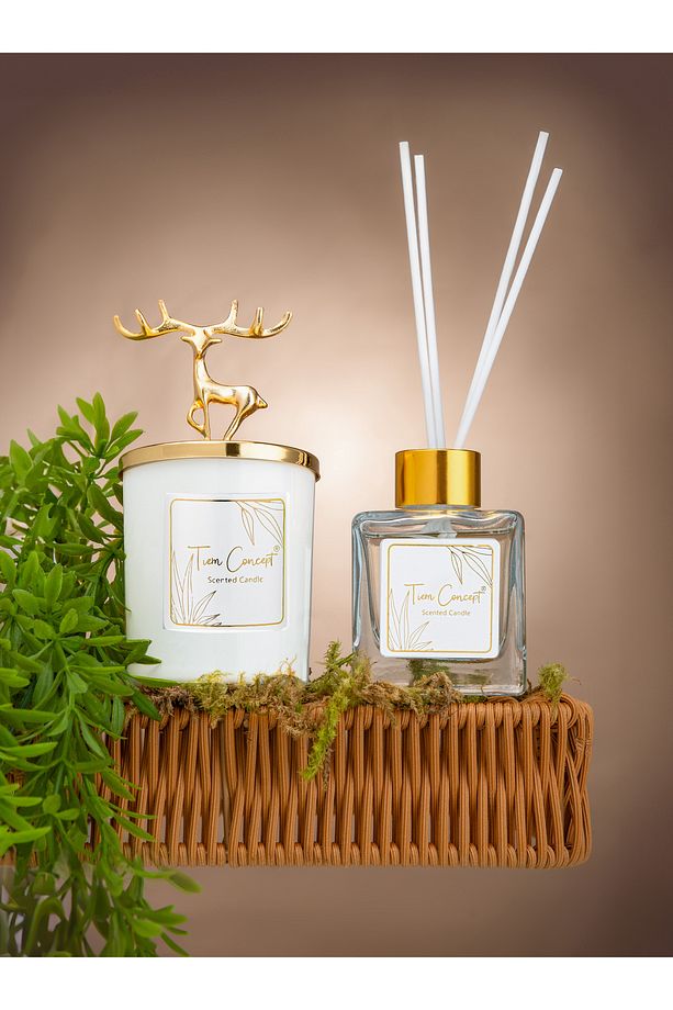 Geyik Başlıklı Gold Detaylı Çubuklu Oda Kokusu 100 ml ve Beyaz Bardak  Mum Seti - 4