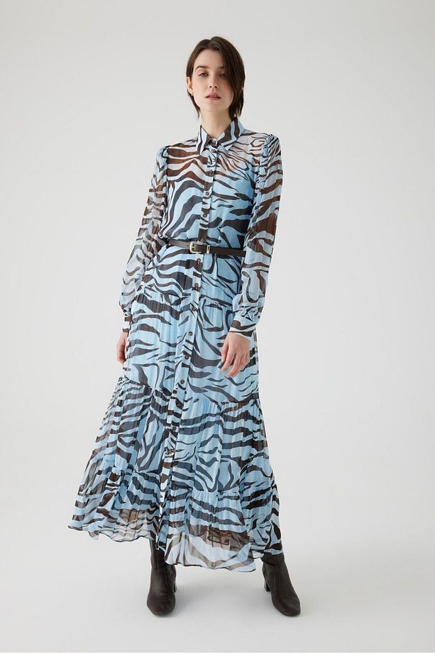 Zebra Desen Astarlı ve Kemerli  Regular Maxi Elbise - 1