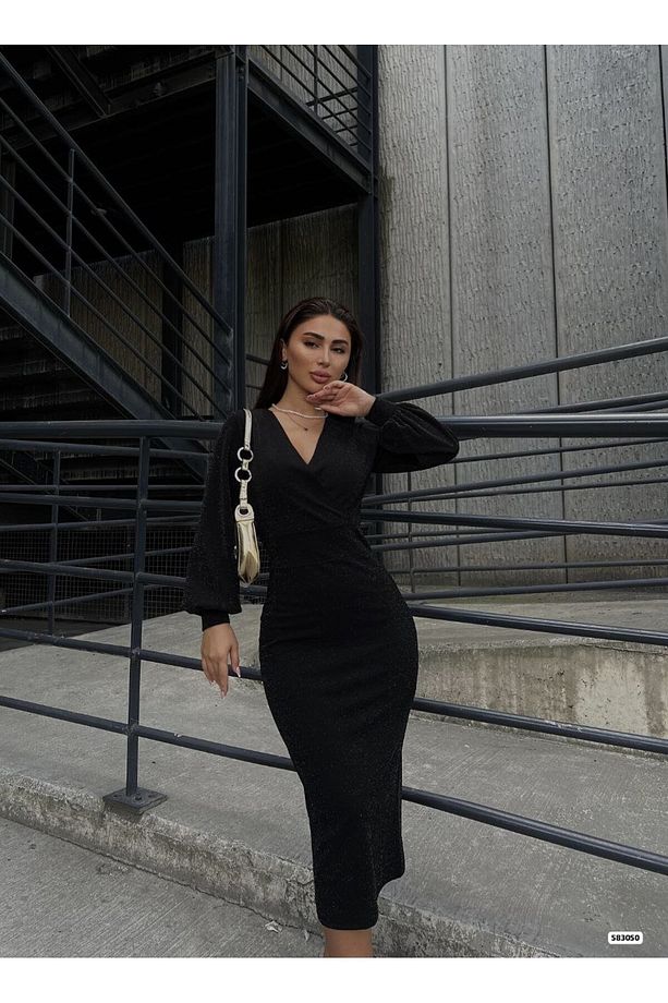 Kadın Kruvaze Yaka Balon Kol Simli Krep Kumaş Midi Boy Elbise - 2