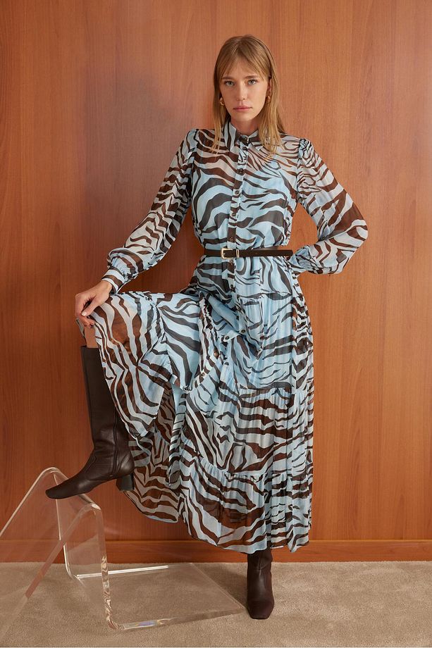 Zebra Desen Astarlı ve Kemerli  Regular Maxi Elbise - 6