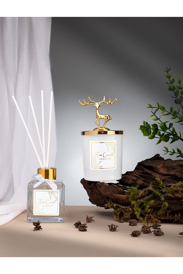 Geyik Başlıklı Gold Detaylı Çubuklu Oda Kokusu 100 ml ve Beyaz Bardak  Mum Seti - 3