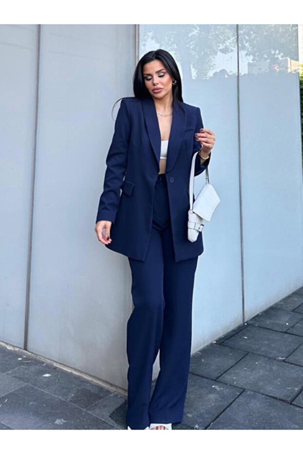 Women's Single-Button Jacket Trousers Suit Navy Blue