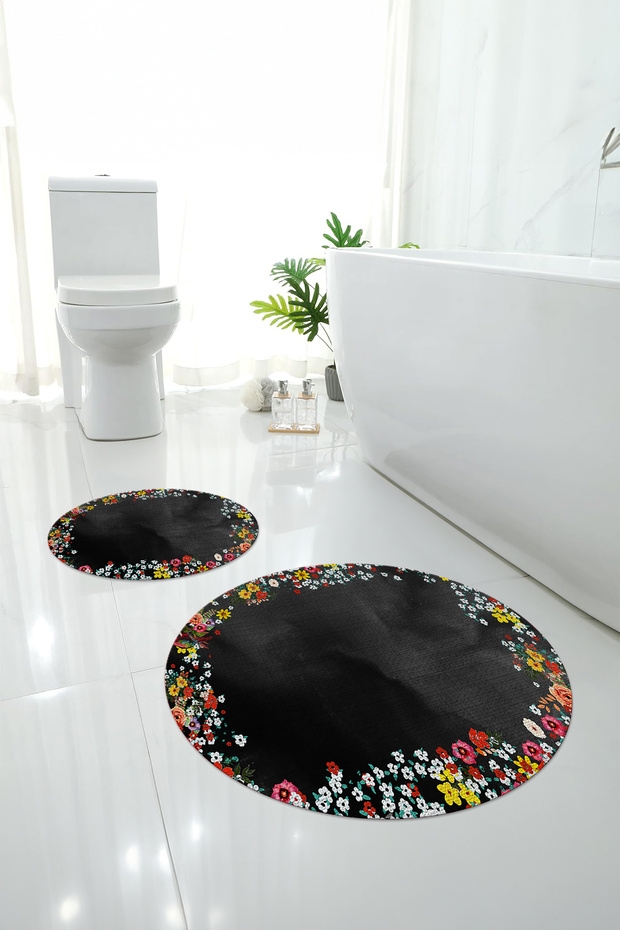 Digital Washable Colorful Floral Pattern Round Bath Mat Toilet Set