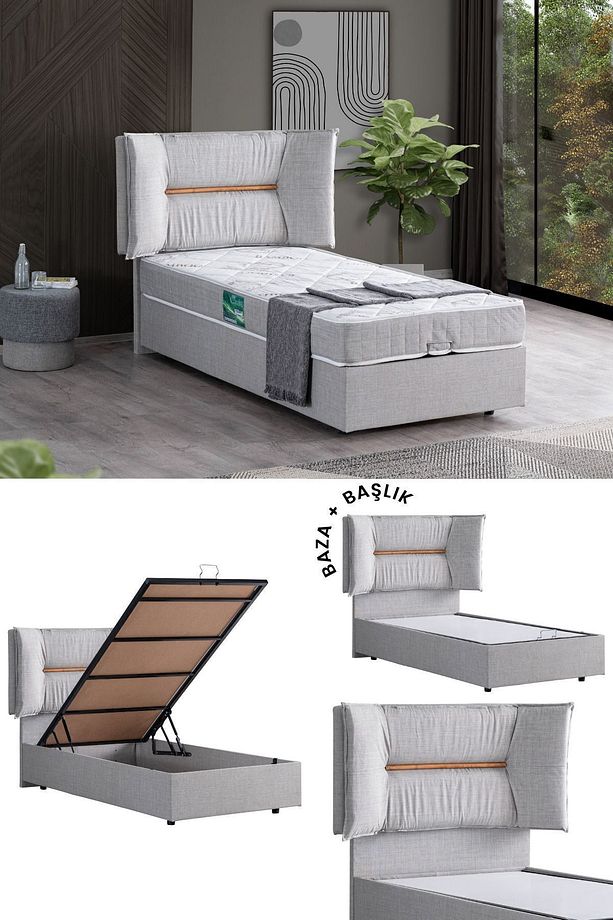 Lizbon Ikili Set, Tek Kişilik Baza Başlık Seti, Açık Gri - 1