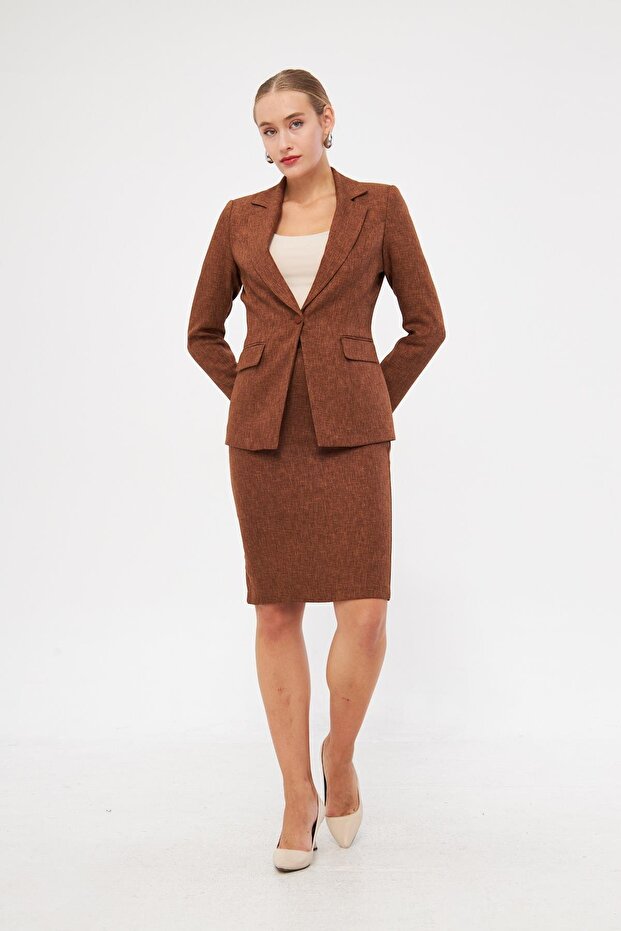 Tek Düğme Yün Efekt Etekli Takım Kahve - 1