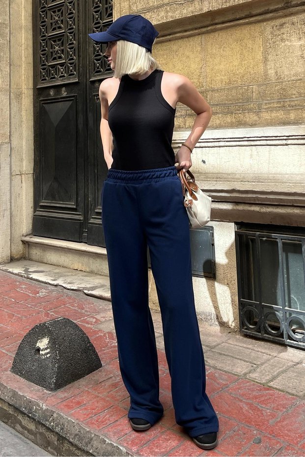 Navy Blue Elastic Waist High Waist Spanish Leg Knitwear Trousers Mg2211
