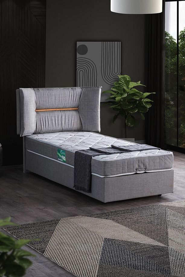 Lizbon Tek Kişilik Baza Başlık Comfort Yatak Seti, Gri - 2
