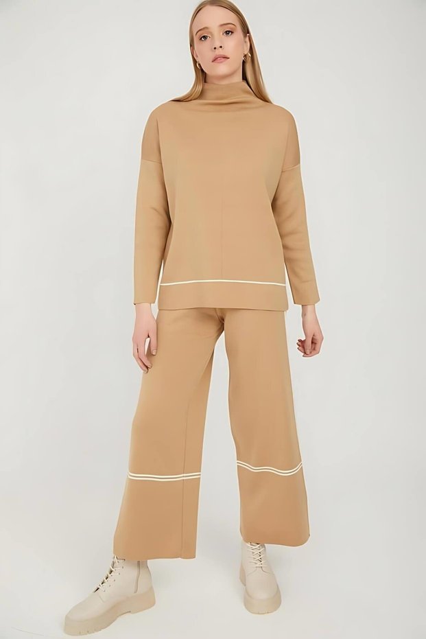 Women's Camel High Neck Stripe Detailed Palazzo Knitwear Sweater Trousers Set