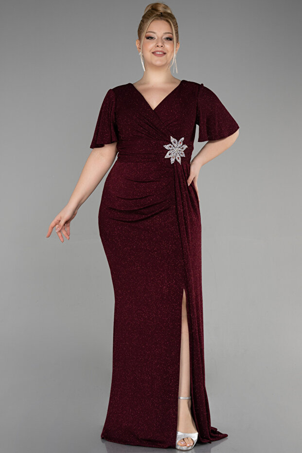 Burgundy Short Sleeve Slit Long Glittery Plus Size Evening Dress ABU39790