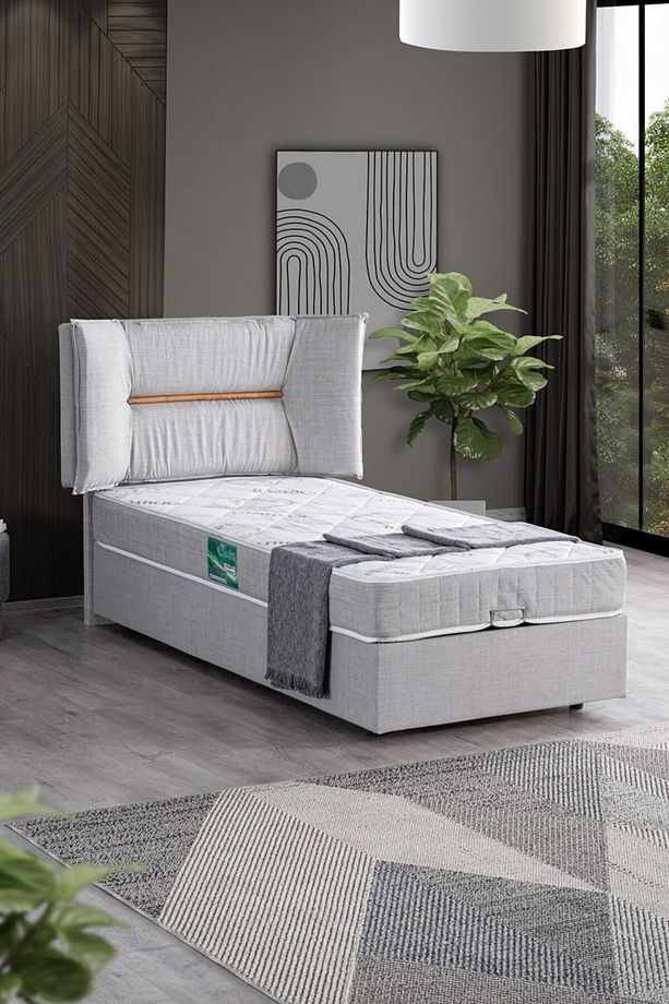 Lizbon Tek Kişilik Baza Başlık Comfort Yatak Seti, Açık Gri - 2