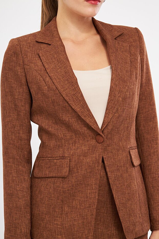 Tek Düğme Yün Efekt Etekli Takım Kahve - 7