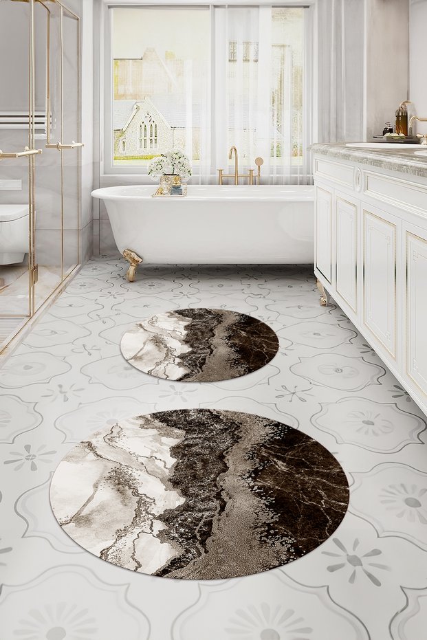 Digital Washable Non-Slip Base Marble Model Round Bath Mat Toilet Set