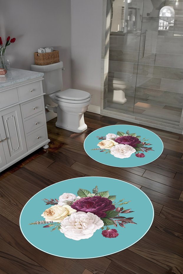 Digital Washable Non-Slip Base Floral Motif Round Bath Mat Toilet Set