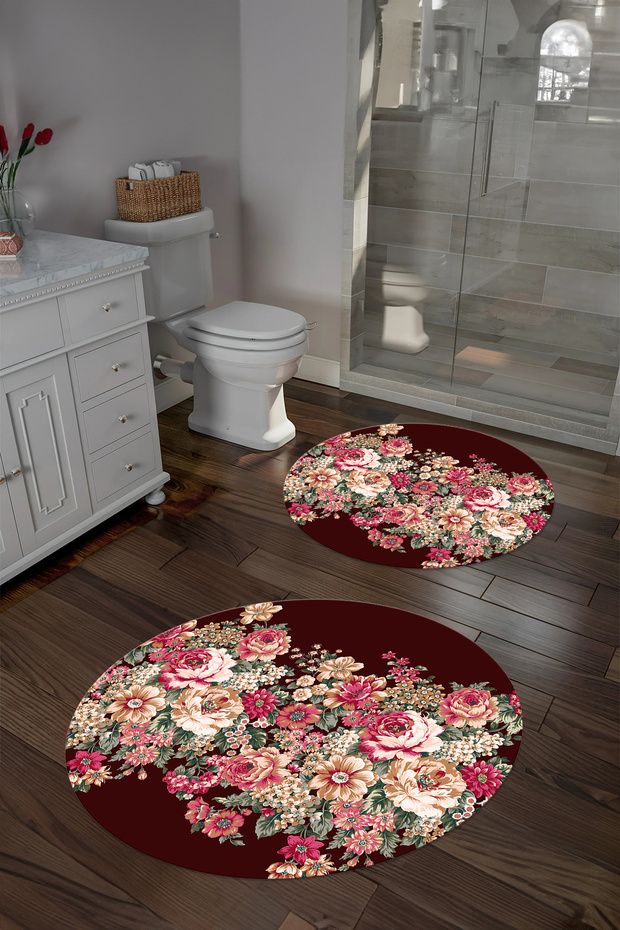 Digital Washable Colorful Floral Pattern Round Bath Mat Toilet Set