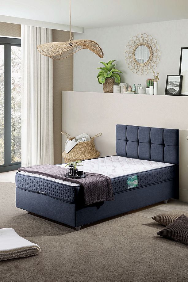 Berlin Tek Kişilik Baza Başlık Comfort Yatak Seti, Lacivert - 1
