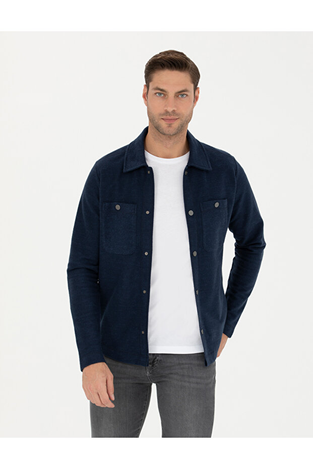 Navy Blue Classic Collar Double Pocket Regular Fit Knitted Shirt Jacket 50280182-Vr033