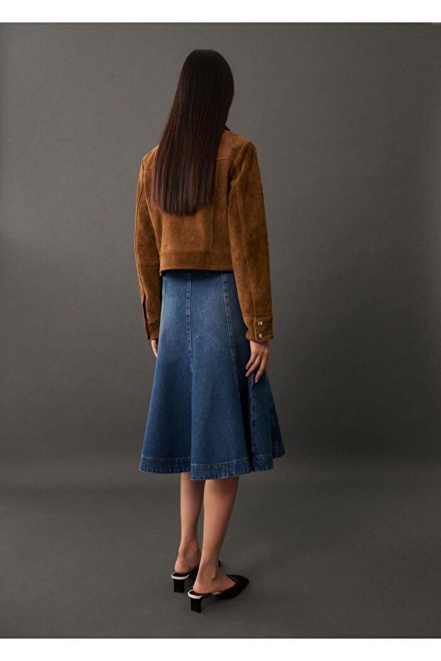 Kontrast dikişli kot etek - 4