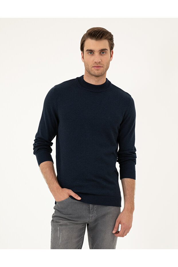 Navy Blue Melange Slim Fit Quarter Collar Basic Knitwear Sweater 50296564-Vr120