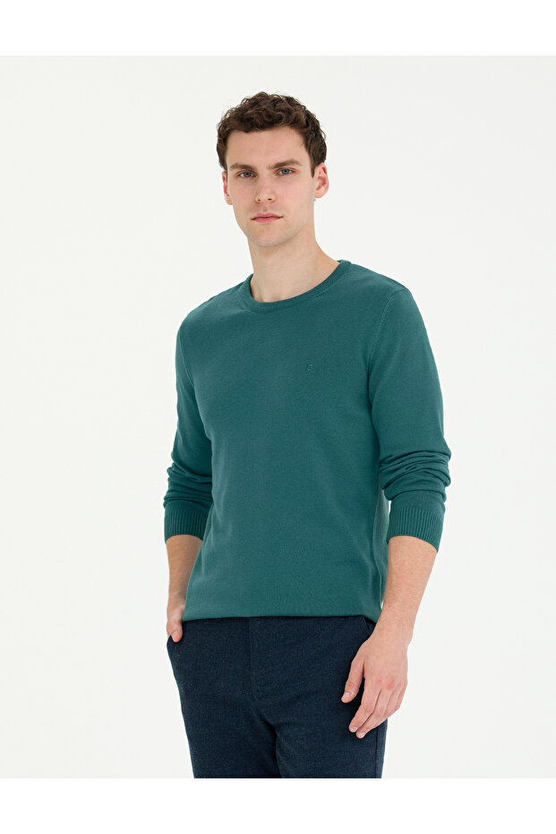 Green Slim Fit Crew Neck Basic Knitwear Sweater 50270179-Vr054
