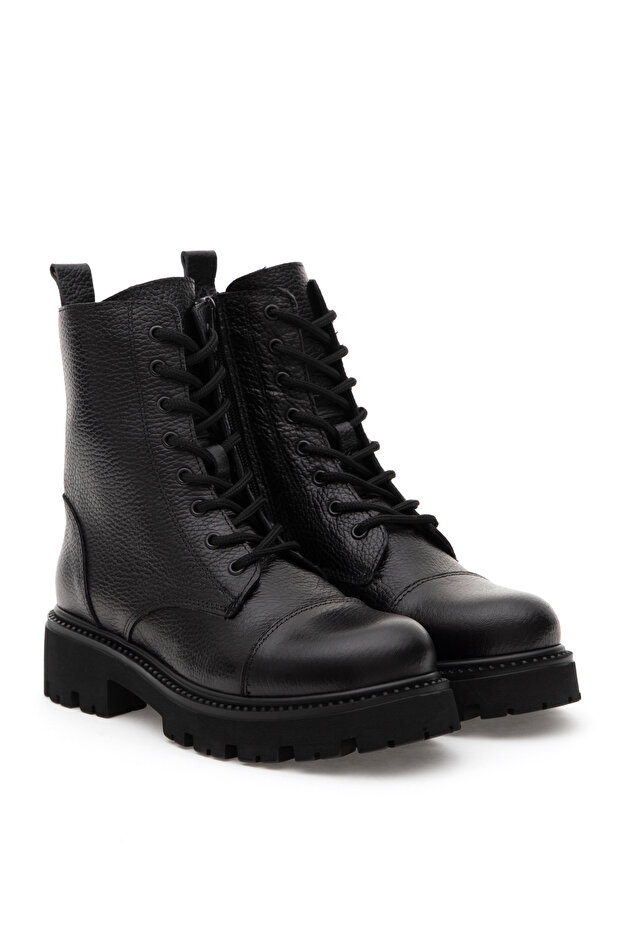 Black Leather Lace up Boots 50300069-Vr046