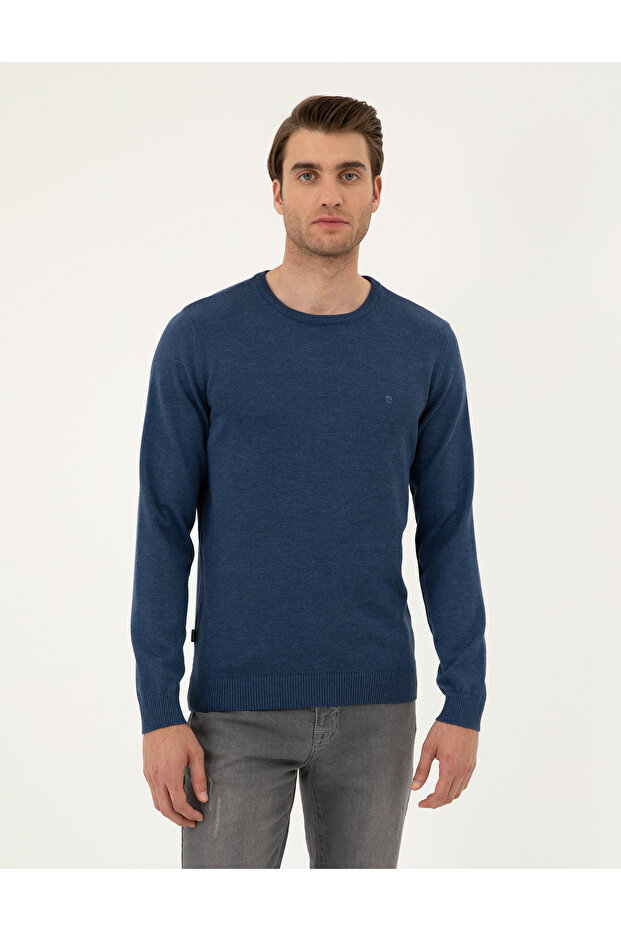 Indigo Melange Slim Fit Crew Neck Basic Knitwear Sweater 50296575-Vr155
