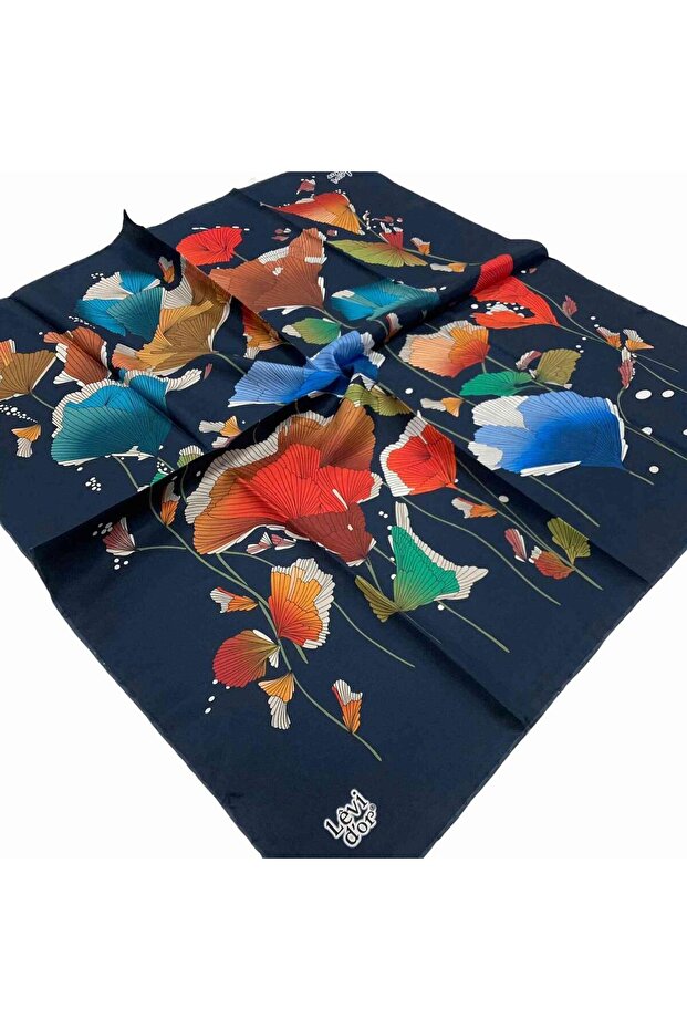 Navy Blue Patterned Tivil Silk Scarf 21090