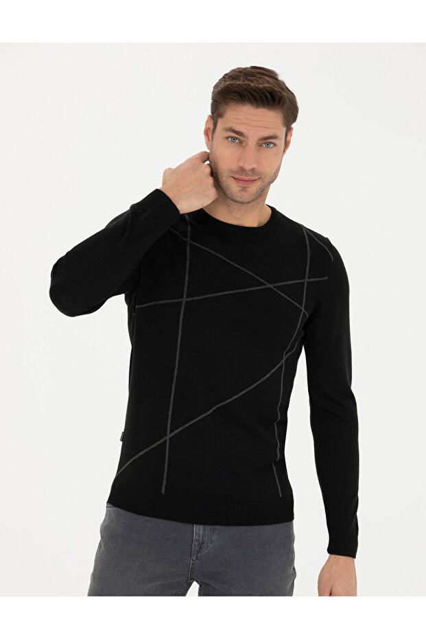 Black Slim Fit Crew Neck Wool Blend Sweater 50278028-Vr046