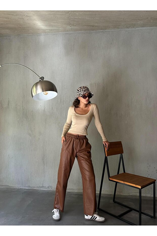 Women's Brown Suede Leather Trousers with Elastic Waist 28081