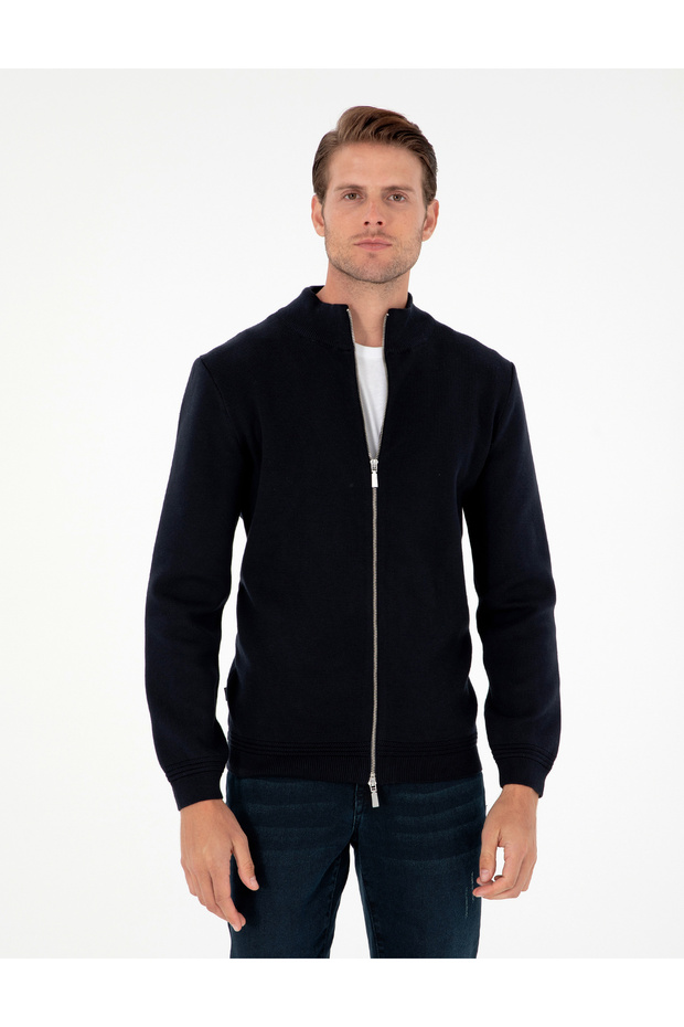 Navy Blue Regular Fit Zippered Knitwear Cardigan 50296442-Vr033