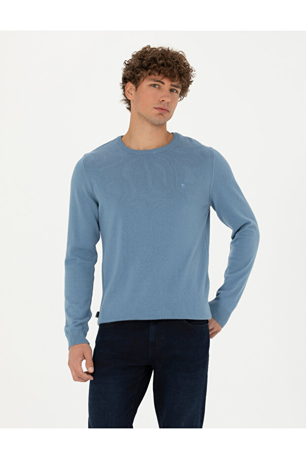 Dark Blue Slim Fit Crew Neck Basic Knitwear Sweater 50270179-Vr032