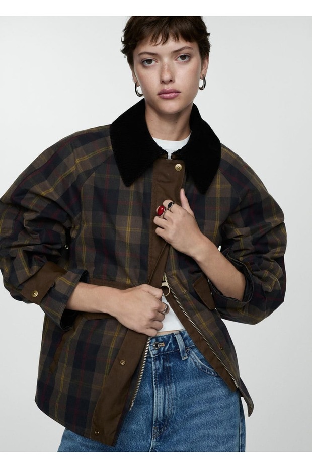 Contrast Collar Checked Parka