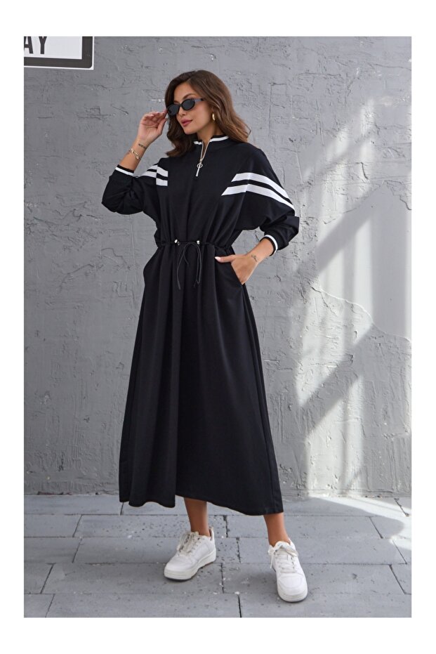 Black Sleeve Garnished Waist Gathered Dress