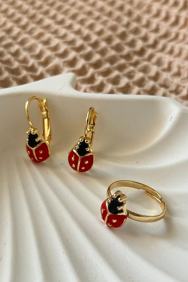 Uğur Böcekli Küpe ve Yüzük Seti Kız Çocuk Takı Seti Küpe ve Yüzük Seti Genç Kız Ayarlanabilir Yüzük - 1