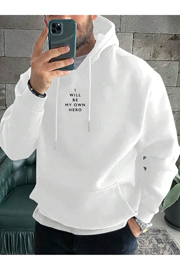 I Will Be My Own Hero Pre-Printed White Oversized Hoodie Sweatshirt
