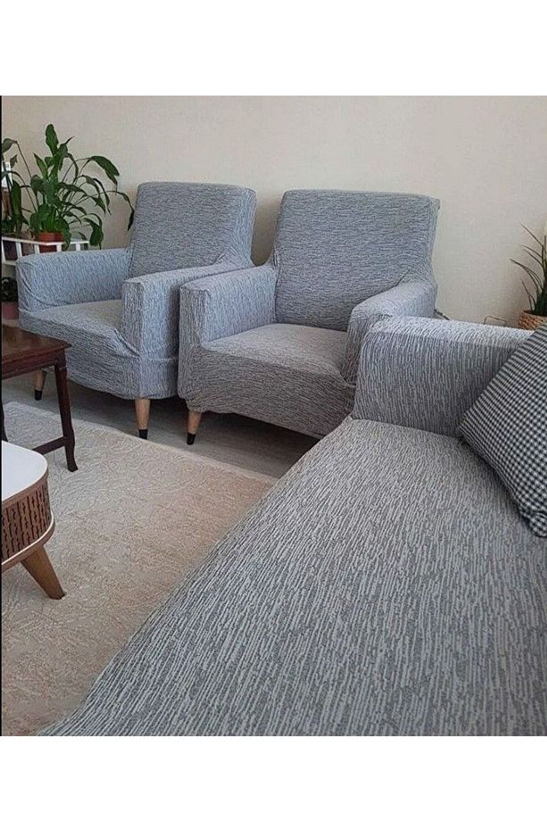 Streç Lastikli Esnek Yıkanabilir Pamuklu 3 3 1 1 Jakarlı Antrasit Koltuk Örtüsü Takımı Koltuk Kılıfı - 3