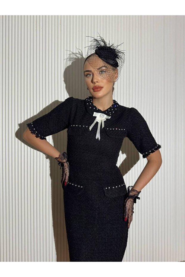 Women's Black Imported Tweed Fabric Neck Accessory Detail Stone Embroidered Special Design Lined Dress