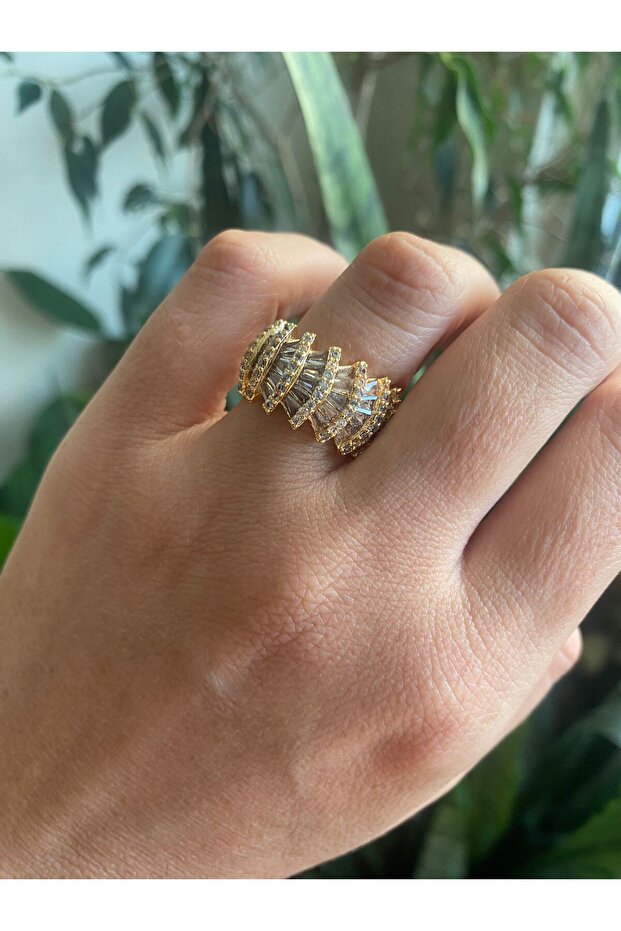 Fan Model Baguette and Zircon Stone Ring - Adjustable Women's Ring - Gift