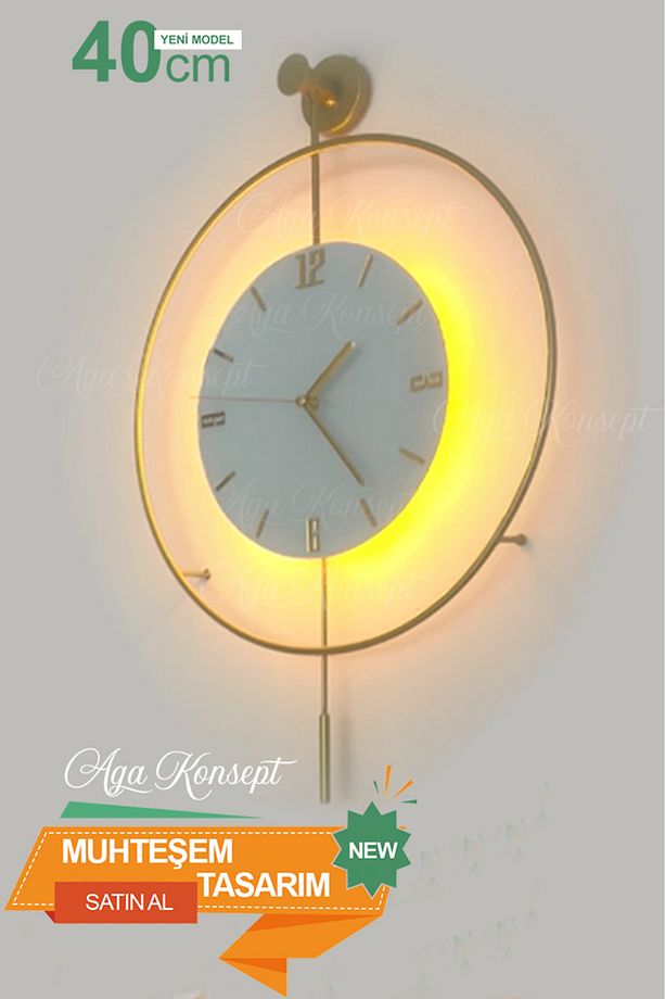 Led'li Gold Tiktok Kristal (ORTA BOY 40X60 CM), Modern Dekoratif Sarkaçlı Metal Duvar Saati - 3