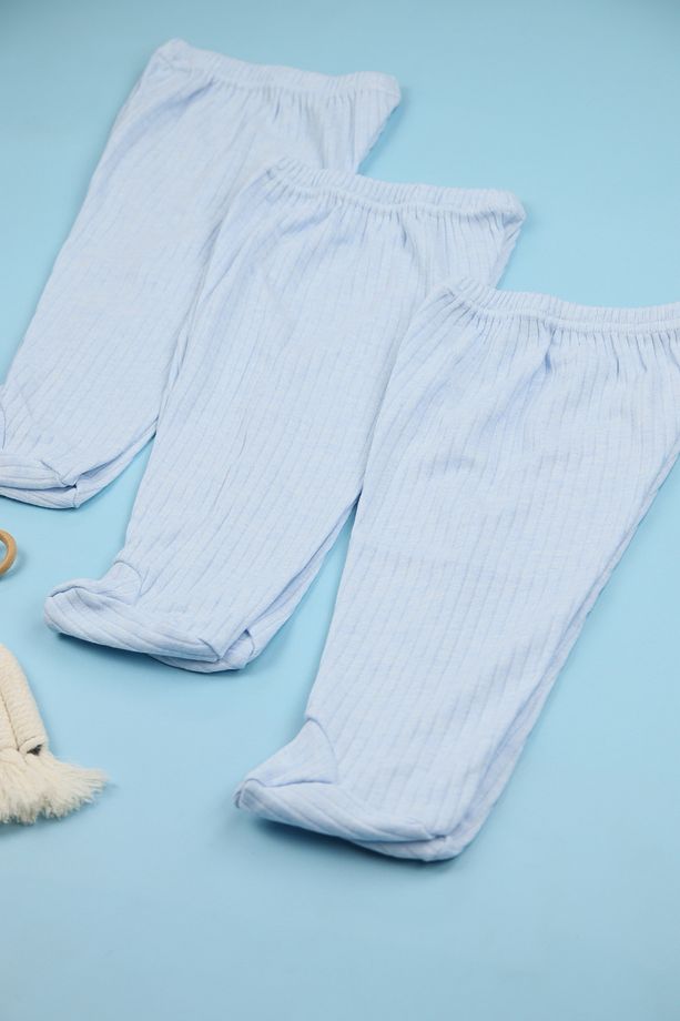 Fitilli Kumaş %100 Pamuk 3'lü Patikli Mavi Bebek Tek Alt Seti, Bebek Pijama Altı - 2